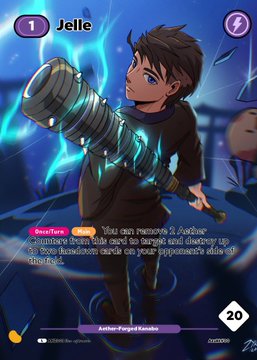 The image shows a custom anime-style trading card titled "Jelle," featuring a brown-haired character wielding a glowing blue and black hammer, labeled as a 1-cost Rare "Aether-Puppet Kanade" card with the description "You can remove a Junker Junktype from the card to target and destroy up to two chambers cards on your opponent's side of the field." The card appears to be a personalized AzukiTCG fan creation gifted to the recipient by artist @Zykroarts, matching the post's sentiment of gratitude for a thoughtful custom card.