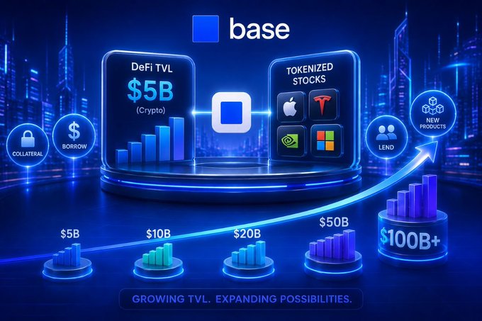 A digital graphic for 'base' displays 'DeFi TVL $5B (Crypto)' and 'TOKENIZED STOCKS' with Apple, Tesla, and other logos, alongside icons for 'COLLATERAL', 'BORROW', 'LEND', and 'NEW PRODUCTS', showing growth from '$5B' to '$100B+' with the tagline 'GROWING TVL. EXPANDING POSSIBILITIES.'