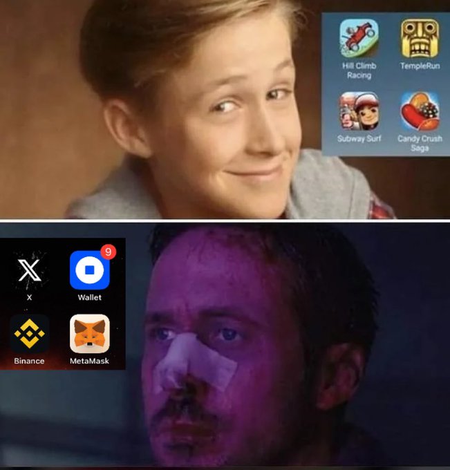 A two-panel meme: the top shows a smiling boy looking at casual mobile games (Hill Climb Racing, TempleRun, Subway Surf, Candy Crush Saga); the bottom shows a bruised, distressed man looking at crypto apps (X, Wallet, Binance, MetaMask).