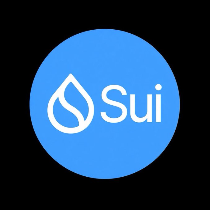Logo for Sui cryptocurrency, featuring a white water droplet icon and the word 'Sui' on a blue circular background.