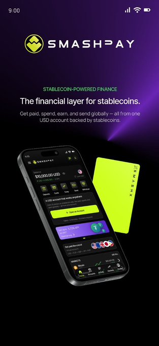 A SmashPay mobile app advertisement showcasing a phone interface and card, with the tagline 'STABLECOIN-POWERED FINANCE: The financial layer for stablecoins.'