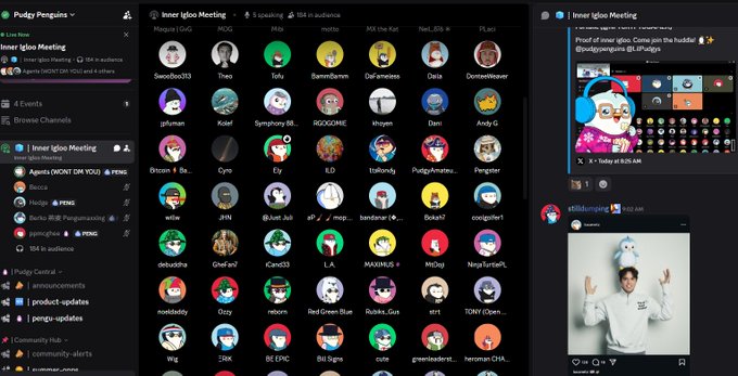 A Discord screenshot showing the 'Pudgy Penguins' and 'Inner Igloo Meeting' servers, displaying numerous user avatars, chat channels, and a voice channel session.