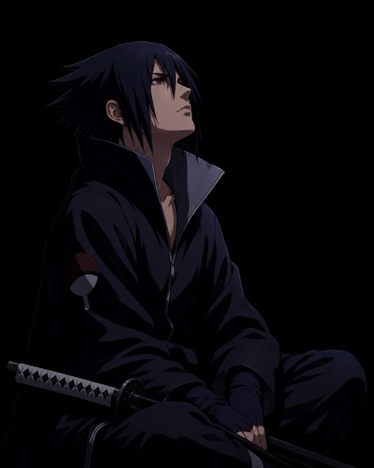 An anime-style illustration depicts Sasuke Uchiha from Naruto sitting in a dark environment, wearing a high-collared black outfit with a sword resting across his lap.