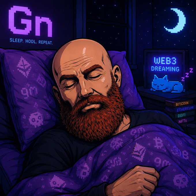 A bald, bearded man peacefully sleeps under a purple pillow and blanket covered in pixel-art crypto icons, with a neon "Gn" sign ("Sleep. Hodl. Repeat.") glowing above, a crescent moon, and a nightstand displaying "WEB3 DREAMING" beside a sleeping pixel cat and books labeled "BITCOIN, ETHEREUM, DEFI, NFTs." The image visually echoes the post's reflection on Web3 "ownership," trading the vigilance of wallets and tokens for the simple, unguarded surrender of sleep—and the gentle "gn" (good night) sign-off.