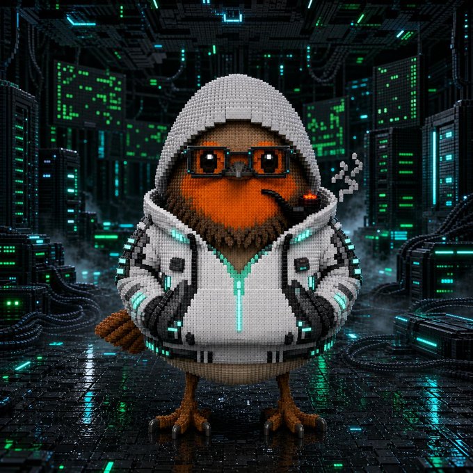 A 3D-rendered illustration of a cartoon robin bird wearing pixelated sunglasses and a futuristic white and teal hooded jacket, standing in a cyberpunk cityscape with green-lit buildings.