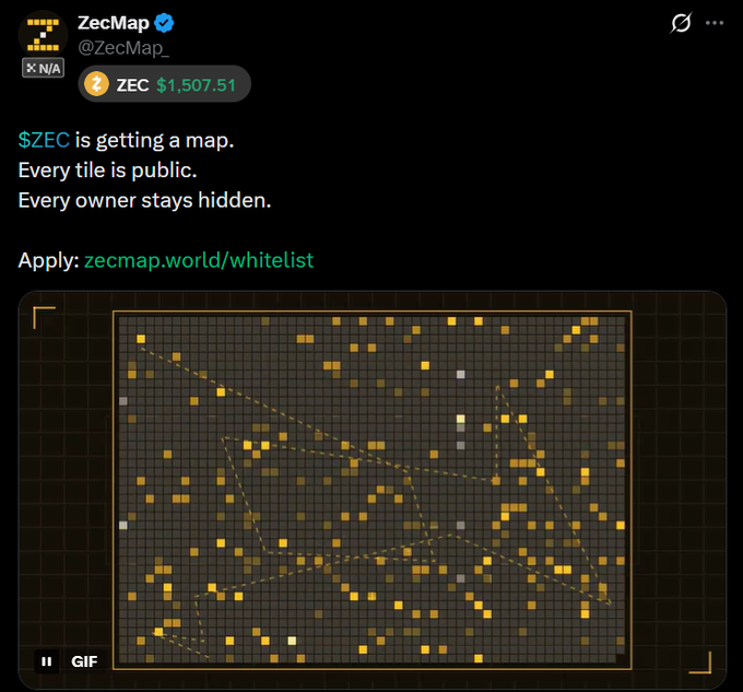 A tweet from ZecMap (@ZecMap_) announces that $ZEC is getting a map where every tile is public but every owner stays hidden, with an application link at zecmap.world/whitelist and an animated GIF showing a pixelated map with yellow and orange tiles.