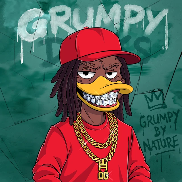 A cartoon duck character with dreadlocks, a red cap, grillz, and gold chains stands against a graffiti background reading 'GRUMPY' and 'GRUMPY BY NATURE' with an 'OG' pendant.