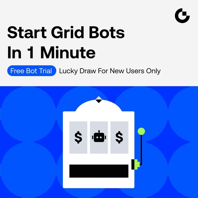 The image shows a white slot machine with green lights, positioned at the center of an appealing blue background featuring circles. In the top left corner, there's text that explains a game called "Start Grid Bots in 1 Minute", promoting a free Bot Trial for new users. It also hints at some luck involved; if a user wins more than 10 times, they will receive a 10% bonus on their investment of ≥ 250 units.