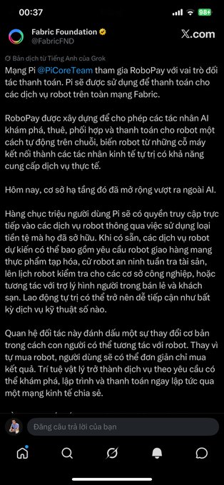 A screenshot of a post on X by Fabric Foundation (@FabricFND) discussing Pi Coin joining RoboPay with AI helpers, written in Vietnamese.