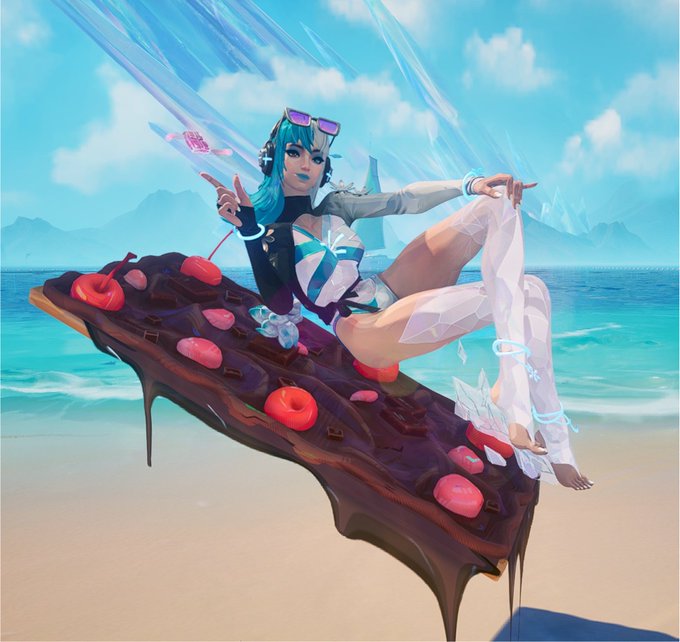 The image shows a stylized anime-style character with teal hair, sunglasses, and a beach outfit lounging on a giant floating chocolate bar topped with red and pink donuts against a tropical ocean backdrop. The post "man i love luna" suggests this is the League of Legends character Lunar Empress Lux in her candy-themed beach skin, which fans affectionately refer to as "luna" for its fun, summery aesthetic.