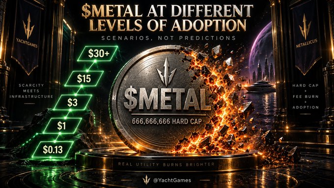 A promotional infographic for the cryptocurrency '$METAL' by YachtGames, displaying a burning coin with a 666,666,666 hard cap and outlining price levels at $0.13, $1, $3, $15, and $30+ adoption stages.
