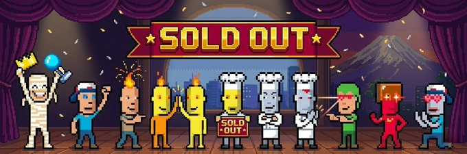 The image features a cartoon-like scene with a group of cartoon characters standing next to each other, including a chef and a baker. The characters are wearing hats and holding objects like a trophy and a book. In front of them, there is a banner that says "sold out". The background of the image has purple curtains and a stage setup, suggesting it might be related to an event or performance.