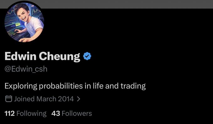 A screenshot of an X (Twitter) profile for "Edwin Cheung" (@Edwin_csh), featuring an illustrated avatar of a man at a computer with trading charts, the bio "Exploring probabilities in life and trading," and stats showing 112 Following and 43 Followers since joining in March 2014. The image ties into the post's Day 1 networking initiative, showcasing Edwin's profile as he reaches out to connect with like-minded individuals focused on trading, AI, crypto, and entrepreneurship.