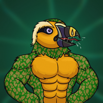 A cartoon illustration of a muscular anthropomorphic bird-like creature with a yellow head, green feathered body, and buff torso, standing against a green radial background.