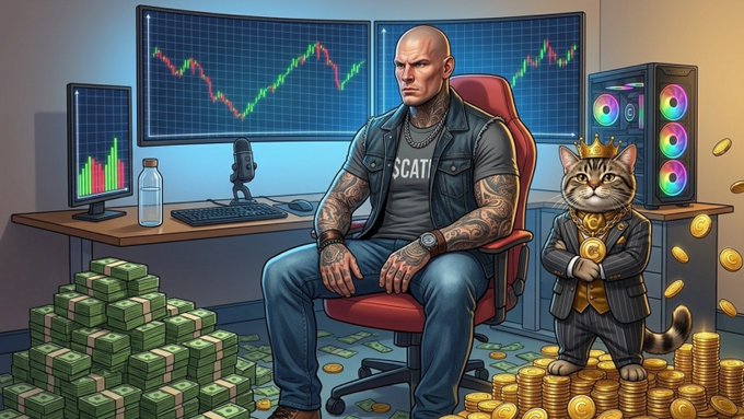 A bald, tattooed trader sits stoically at a multi-monitor trading desk displaying candlestick charts, flanked by stacks of cash, gold coins, and a crowned cat in a suit holding a "$CATE" coin, visually reinforcing the post's message of conviction in the $CATE meme token while others chase "shinier" tickers.