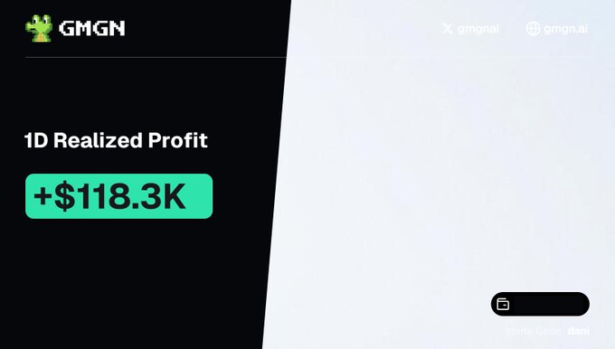 The image shows a GMGN dashboard screenshot displaying "1D Realized Profit" of "+$118.3K" in green, with the GMGN logo featuring a green alien character in the top left corner. The "+$118.3K" profit figure aligns with the post's sentiment of gratitude toward BNB Chain, likely referencing trading or investment gains on the BNB Chain ecosystem.