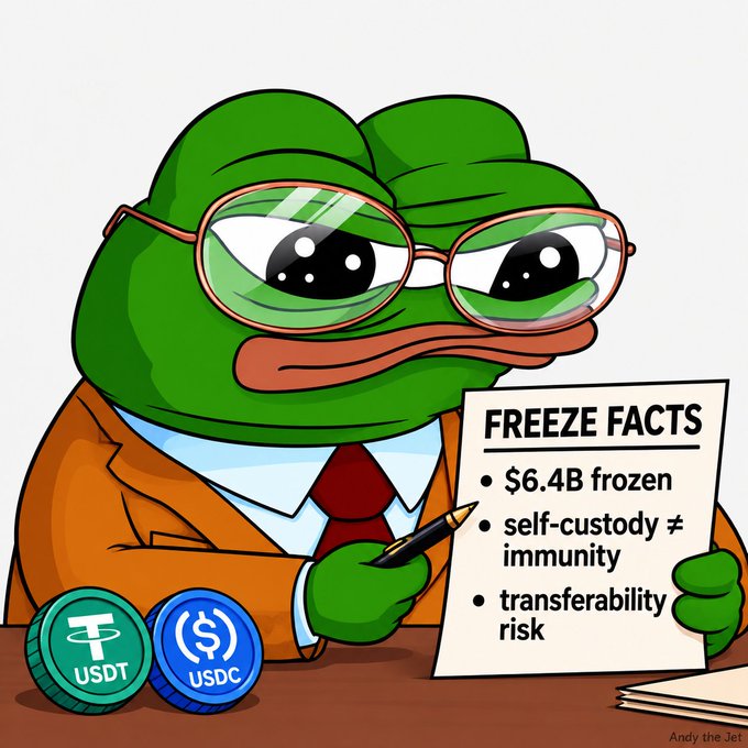 A cartoon Pepe-style frog in a suit holds a paper titled “FREEZE FACTS” listing “$6.4B frozen,” “self-custody ≠ immunity,” and “transferability risk,” with USDT and USDC coins nearby.