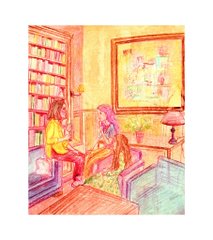 An artistic illustration showing two people in a warmly lit room with bookshelves, a fireplace, and a large framed painting on the wall, rendered in soft pink, yellow, and orange hues.