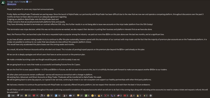 The image is a screenshot of a Twitter/X post by @AlphaFutures announcing they are ending their partnership with NinjaTrader, citing a "rippled dispute" and that they decided to terminate or contract from July. The accompanying post questions whether Alpha Futures is no longer paying traders under their Premium plan, and instead refunding users, with the user calling the situation a "rug pull."