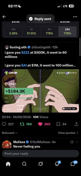 A mobile screenshot shows a crypto post from liuxing.eth bragging 'i gave you $ZZZ at $500K, it went to 60 millions' and 'i gave you SAI at $1M, it went to 100 million…', with a reply 'Never fading you' visible below.
