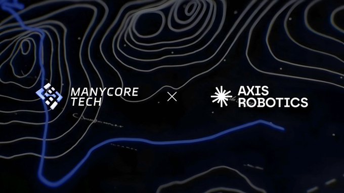 A graphic with a dark topographic contour background displays the logos of 'MANYCORE TECH' and 'AXIS ROBOTICS' separated by a multiplication sign '×'.