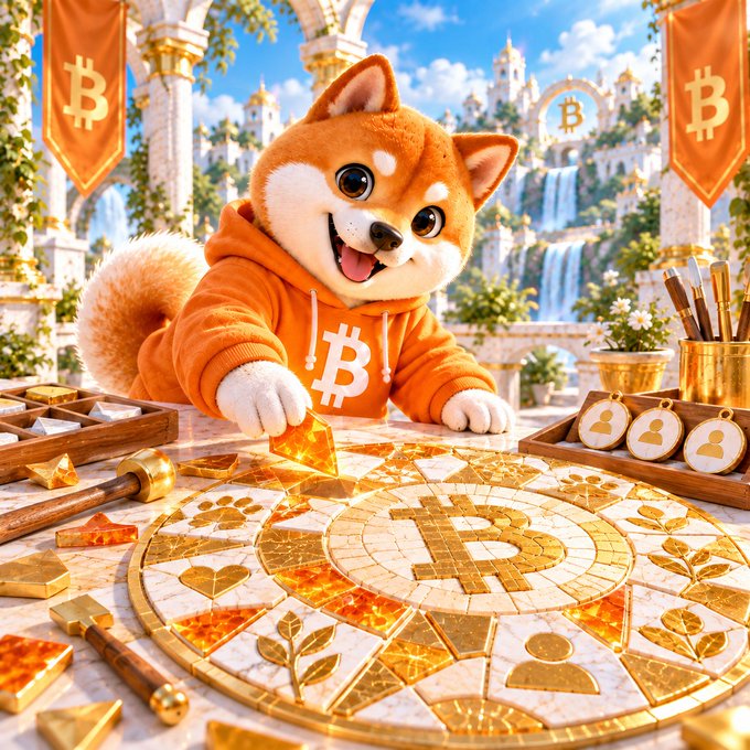A 3D render of a smiling Shiba Inu dog wearing an orange Bitcoin logo hoodie, leaning over a table and placing an orange puzzle piece into a circular Bitcoin-themed mosaic, with a fantasy castle and Bitcoin banners in the background.