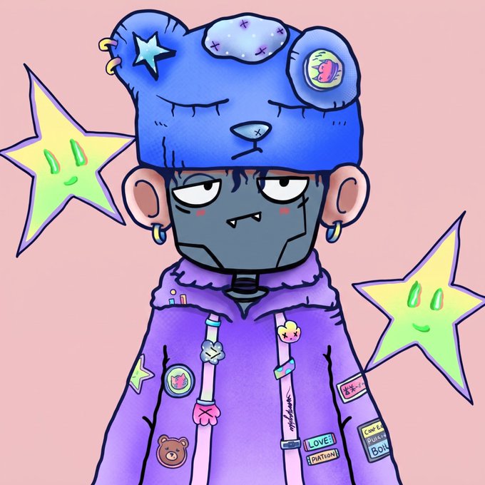 An illustrated character with a gray face wearing a blue bear hat and a purple jacket decorated with patches including a bear, watermelon, and 'LOVE NATION' and 'Cool Duhk BOI' tags, flanked by two smiling stars.