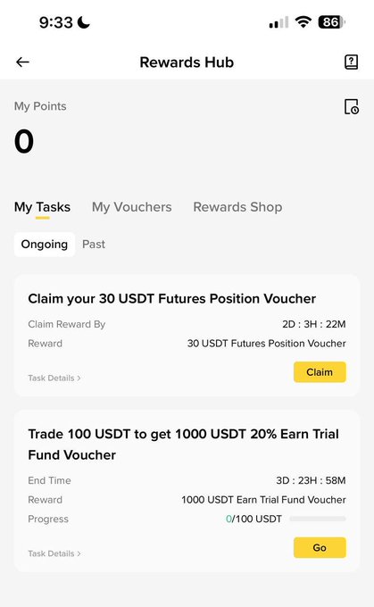 A screenshot of the Binance Rewards Hub displaying "My Points: 0" and showing a claimable "30 USDT Futures Position Voucher" task expiring in 2D : 3H : 22M, along with another ongoing task to "Trade 100 USDT to get 1000 USDT 20% Earn Trial Fund Voucher," illustrating where users can find the mentioned Binance Futures voucher.