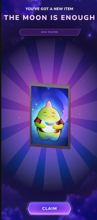 The image shows an advertisement for a game, with a cartoon character holding up a sign that says "You've got a new item The Moon Is Enough Epic Poster". The game appears to be about learning or playing games related to the moon. The background of the image is purple and blue, which gives it a creative and visually appealing look.