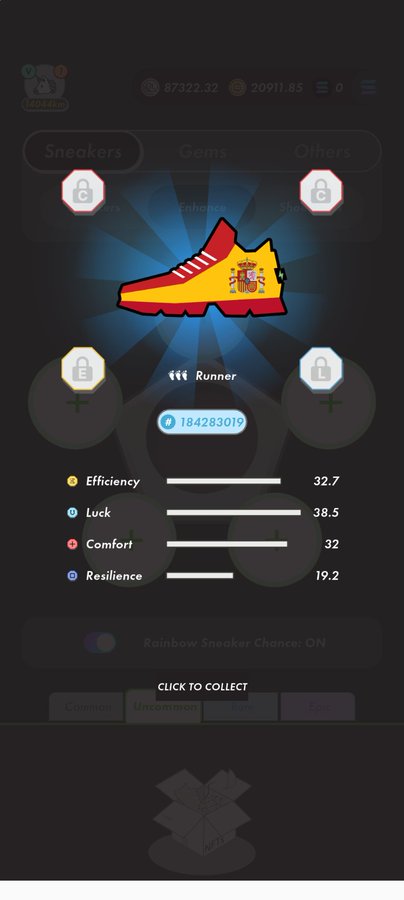A mobile game screenshot showing a yellow and red sneaker labeled 'Runner' with the Spanish flag, displaying stats like Efficiency 32.7, Luck 38.5, Comfort 32, and Resilience 19.2.