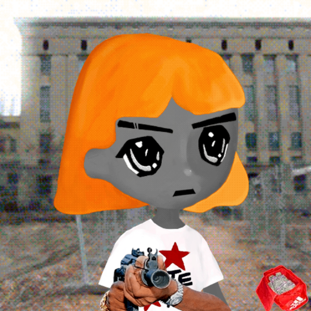 A stylized digital illustration of a character with orange hair and a white t-shirt with a red star, holding a gun, with a red box nearby.