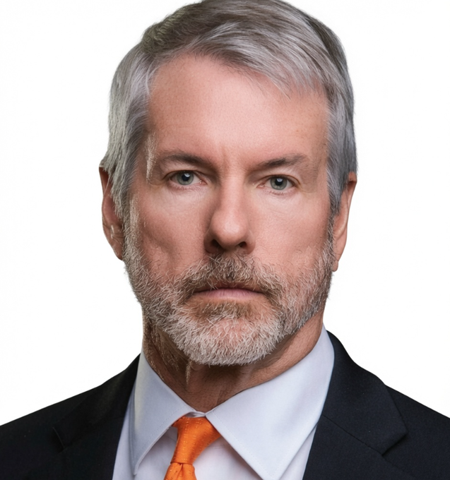 A portrait photograph of a middle-aged man with gray hair and a gray beard, wearing a dark suit, white shirt, and orange tie against a white background.