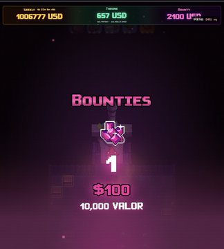 A dark purple-pink gaming/rewards interface titled 'BOUNTIES' showing a Level 1 badge worth $100 (10,000 VALOR), with top metrics indicating 1,006,777 USD in one category, 657 USD in Treasury, and 2,100 UFD in Stakers.
