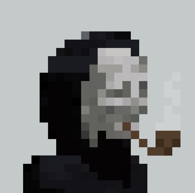 A pixel art portrait of a figure in a dark hood smoking a cigarette, with smoke rising on the right side.