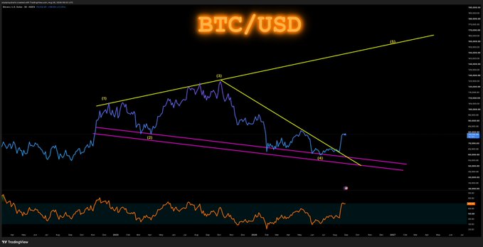 A financial chart titled 'BTC/USD' displays Bitcoin's price action on TradingView, featuring yellow and pink trendlines with wave labels (1, 2, 3, 4, 5) overlaid on the price candles.