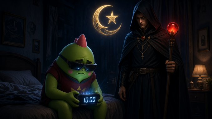 A digital illustration showing a sad green cartoon character with a pink mohawk and sunglasses holding a digital clock reading '10:00', standing next to a hooded figure holding a staff with a red orb, under a crescent moon and star.