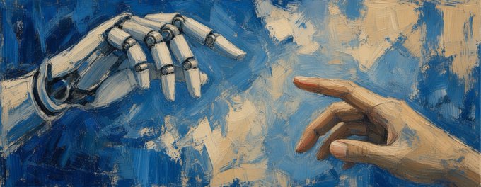 A painting reminiscent of Michelangelo's 'Creation of Adam,' depicting a robotic hand reaching toward a human hand against a blue and tan textured background.