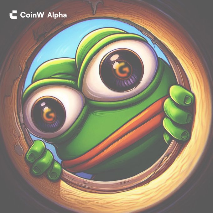 A cartoon illustration of a green frog-like creature with large expressive eyes peeking through a circular opening, with the 'CoinW Alpha' logo in the top left corner.