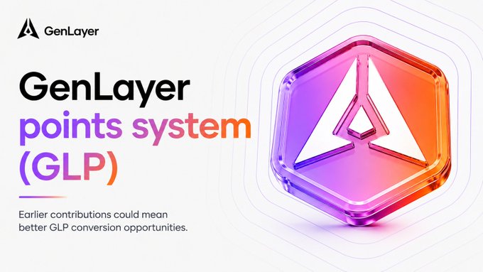 A promotional graphic for 'GenLayer points system (GLP)' featuring a colorful hexagonal 3D logo with the text 'Earlier contributions could mean better GLP conversion opportunities.'