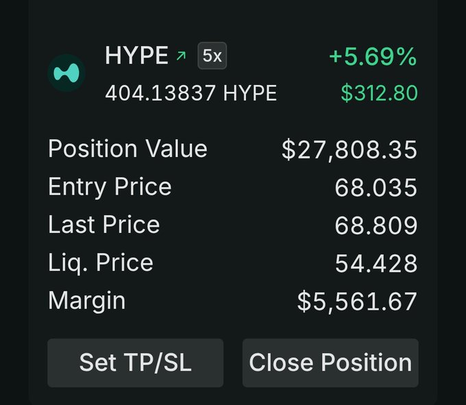 A cryptocurrency trading interface showing a leveraged 5x long position on the HYPE token, displaying a +5.69% gain, 404.13837 HYPE ($312.80), a position value of $27,808.35, and options to 'Set TP/SL' or 'Close Position.'