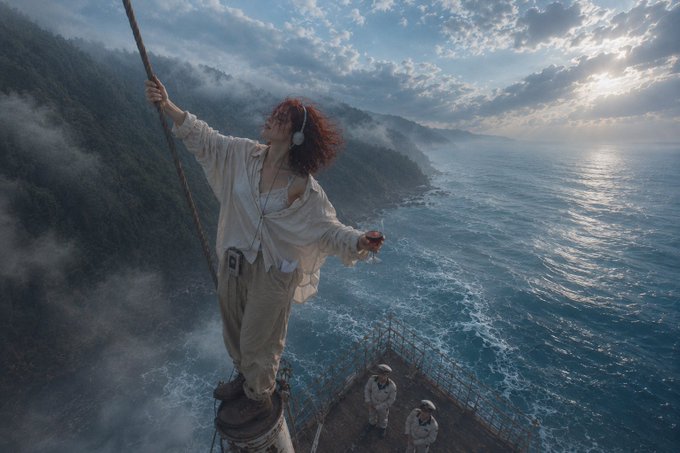 A cinematic image of a red-haired person with headphones standing on a narrow pole above the ocean, holding a rope, with dramatic clouds and mist-covered cliffs in the background.
