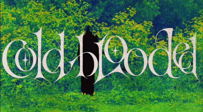 A logo for 'old blood' in ornate white text with a dark silhouetted figure standing in a lush green forest setting.