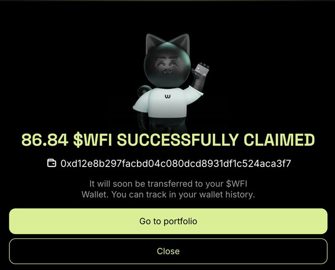 A confirmation screen displays "86.84 $WFI SUCCESSFULLY CLAIMED" along with wallet address "0xd12e8b297facbd04c080dcd8931df1c524aca3f7," showing the successful withdrawal of 86.84 WiFi tokens that the user announced they are cashing out, with plans to re-lock for energy.