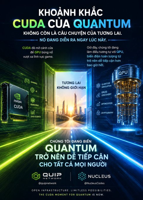 Vietnamese-language promotional graphic titled 'KHOẢNH KHẮC CUDA CỦA QUANTUM' advertising QUIP Network and Nucleus's quantum computing infrastructure.