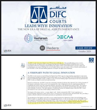 A DIFC Courts case study titled "Leads With Innovation: The New Era of Digital Assets Inheritance" from October 2024, featuring logos of DIFC Courts, Hedera, Legatum, Deca4, and Uplock, discussing the integration of Hedera's distributed ledger technology with Dubai's virtual asset regulatory framework, relevant to the $HBAR ticker as Hedera's native cryptocurrency.