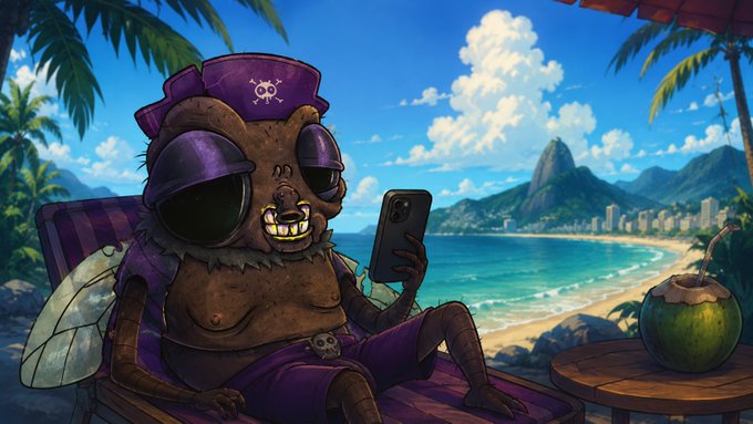 An anthropomorphic fly dressed in purple pirate attire lounges on a beach chair in Rio de Janeiro, taking a selfie with a smartphone while sipping from a coconut. The image captures a relaxed, vacationing "GM" (good morning) vibe, embodying the spirit of casually greeting the crypto/Web3 community with "I GM WEB3, I GM ALL."