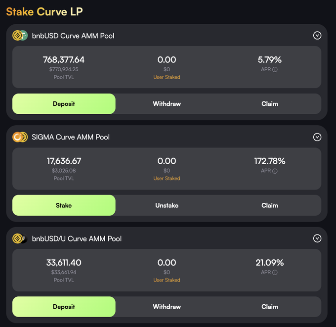 A 'Stake Curve LP' interface displaying three liquidity pools: bnbUSD Curve AMM Pool with 5.79% APR, SIGMA Curve AMM Pool with 172.78% APR, and bnbUSD/U Curve AMM Pool with 21.09% APR, each showing Pool TVL values.
