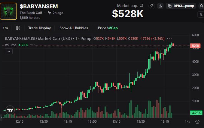 A cryptocurrency trading chart for the token '$BABYANSEM' (The Black Calf) showing a market cap of $528K, with a candlestick price chart indicating a recent upward trend.