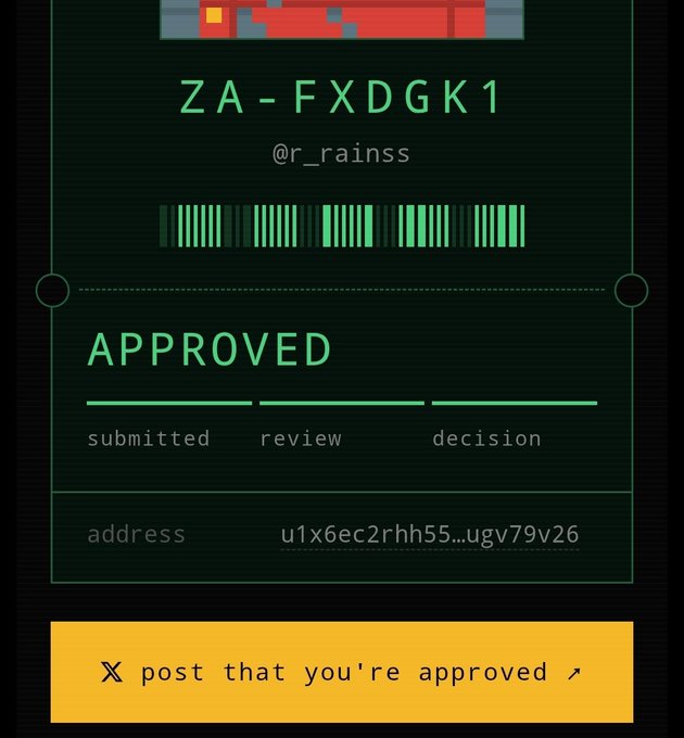 An approval confirmation screen for ID 'ZA-FXDGK1' (@r_rainss), showing stages: submitted, review, decision, with a button to 'post that you're approved'.