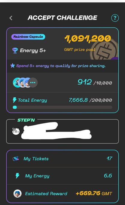 A screenshot of the "Accept Challenge" screen in STEPN's Rainbow Capsule system, showing a 1,091,200 GMT prize pool, Energy 5+ requirement, current participation at 912/10,000, and Total Energy progress at 7,666.8/200,000, with the user's stats showing 17 My Tickets, 6.6 My Energy, and an estimated reward of +669.76 GMT. The post is cut off mid-sentence describing the new system's overview, and the image illustrates the competitive energy-consumption challenge interface where STEPN users fight to reach the 200K energy goal to unlock the GMT prize pool.